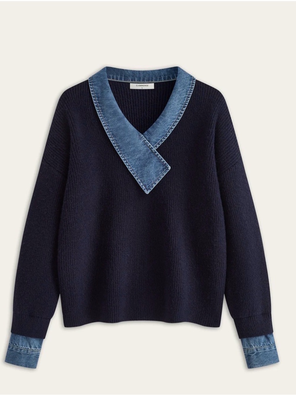 Commense Denim Panel Asymmetric V-Neck Knit Top